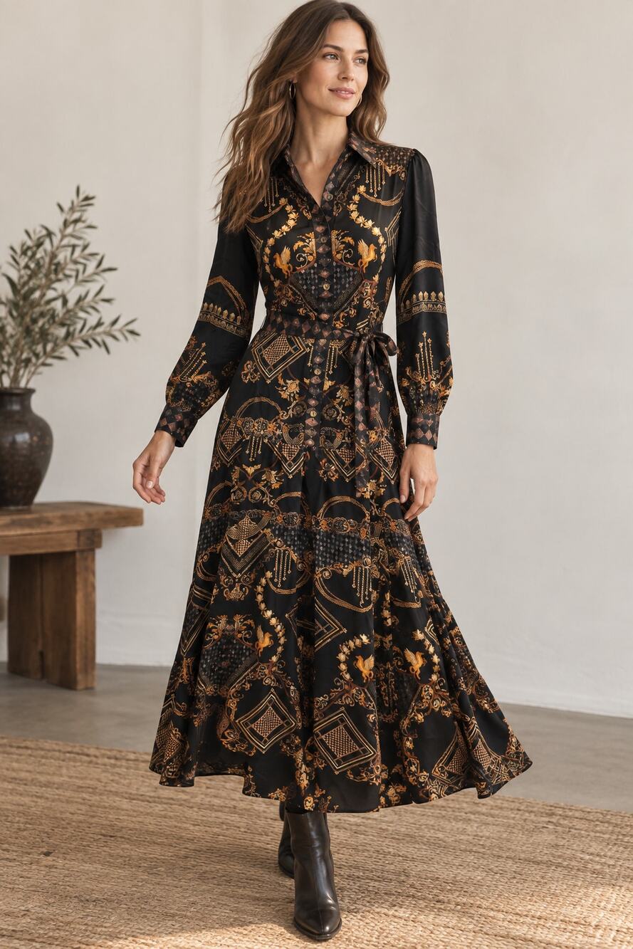 Endless Moon Black Gold Baroque Pegasus Print Satin Maxi Shirt Dress NWT Size S